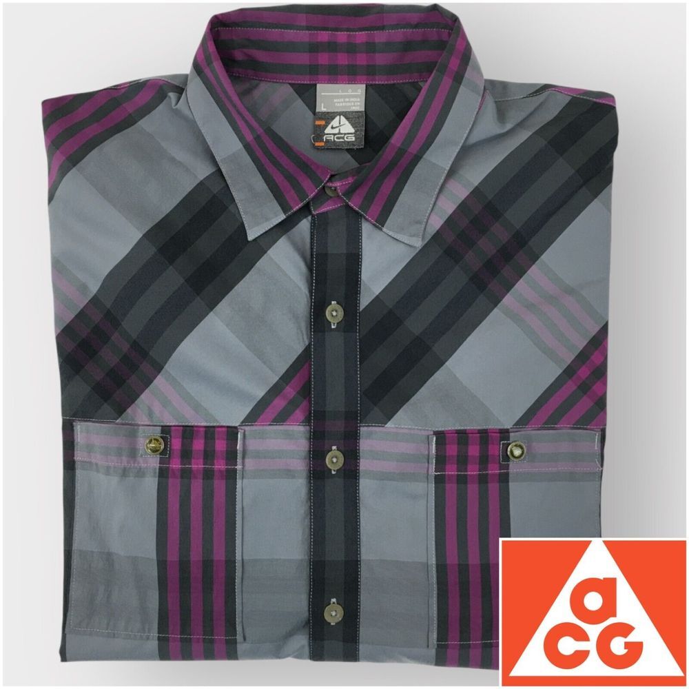 VINTAGE‎ NIKE ACG Button Up Performance Shirt Mens Size L Short Sleeve Pockets